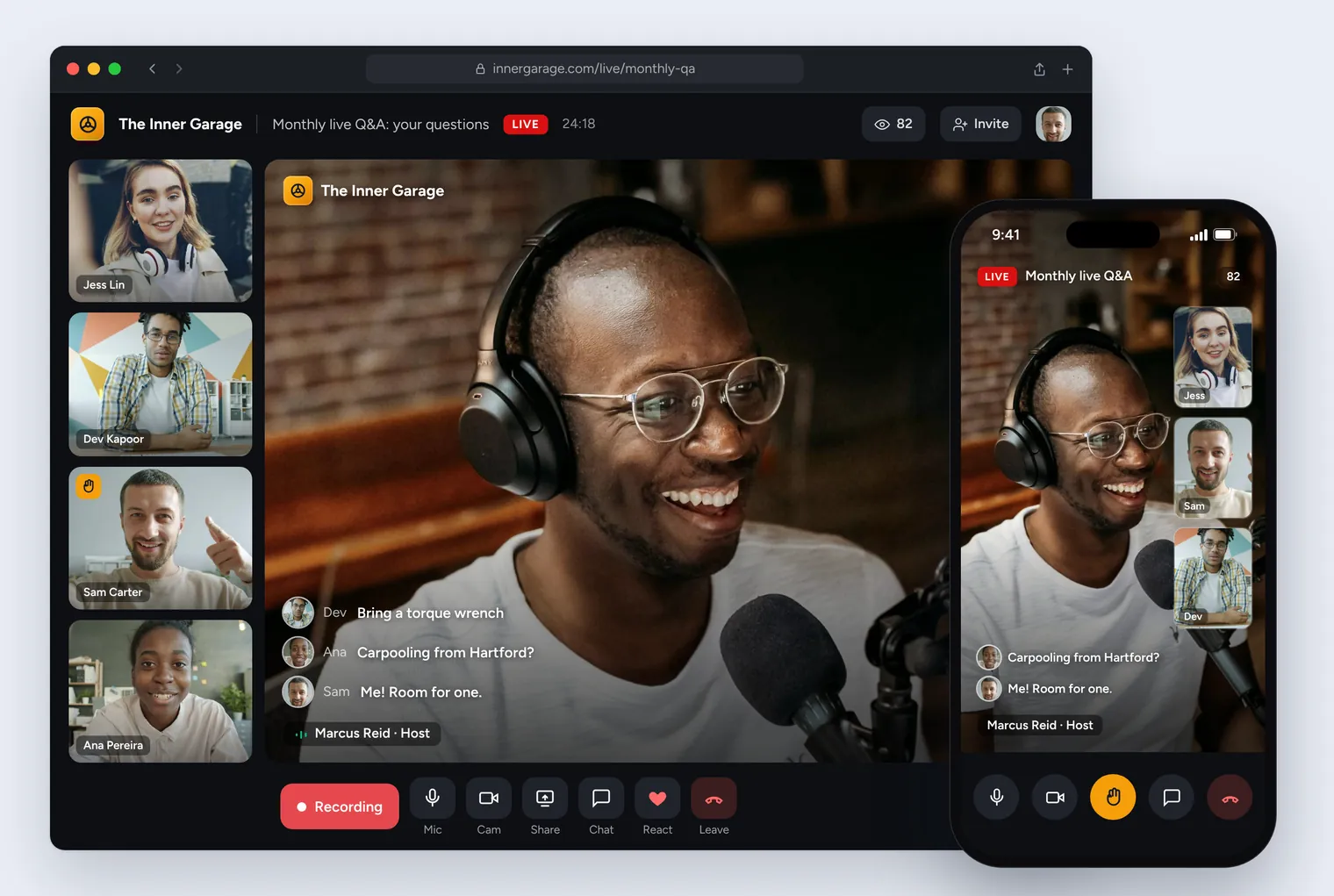 The monthly live Q&A video room with the host on stage, member video tiles and chat