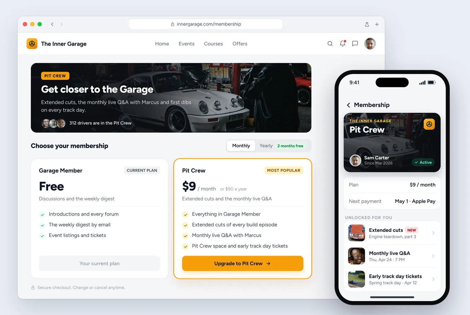The membership page with a free Garage Member plan and the $9 a month Pit Crew plan, and the phone showing Sam’s active Pit Crew membership