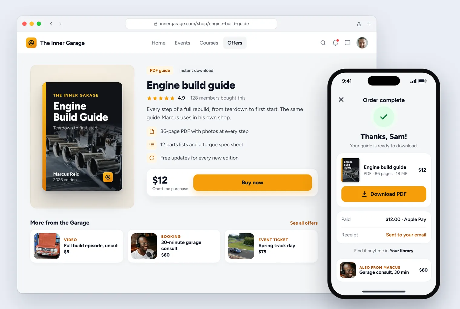 The engine build guide for sale at $12, and the order confirmation with a download button on Sam’s phone